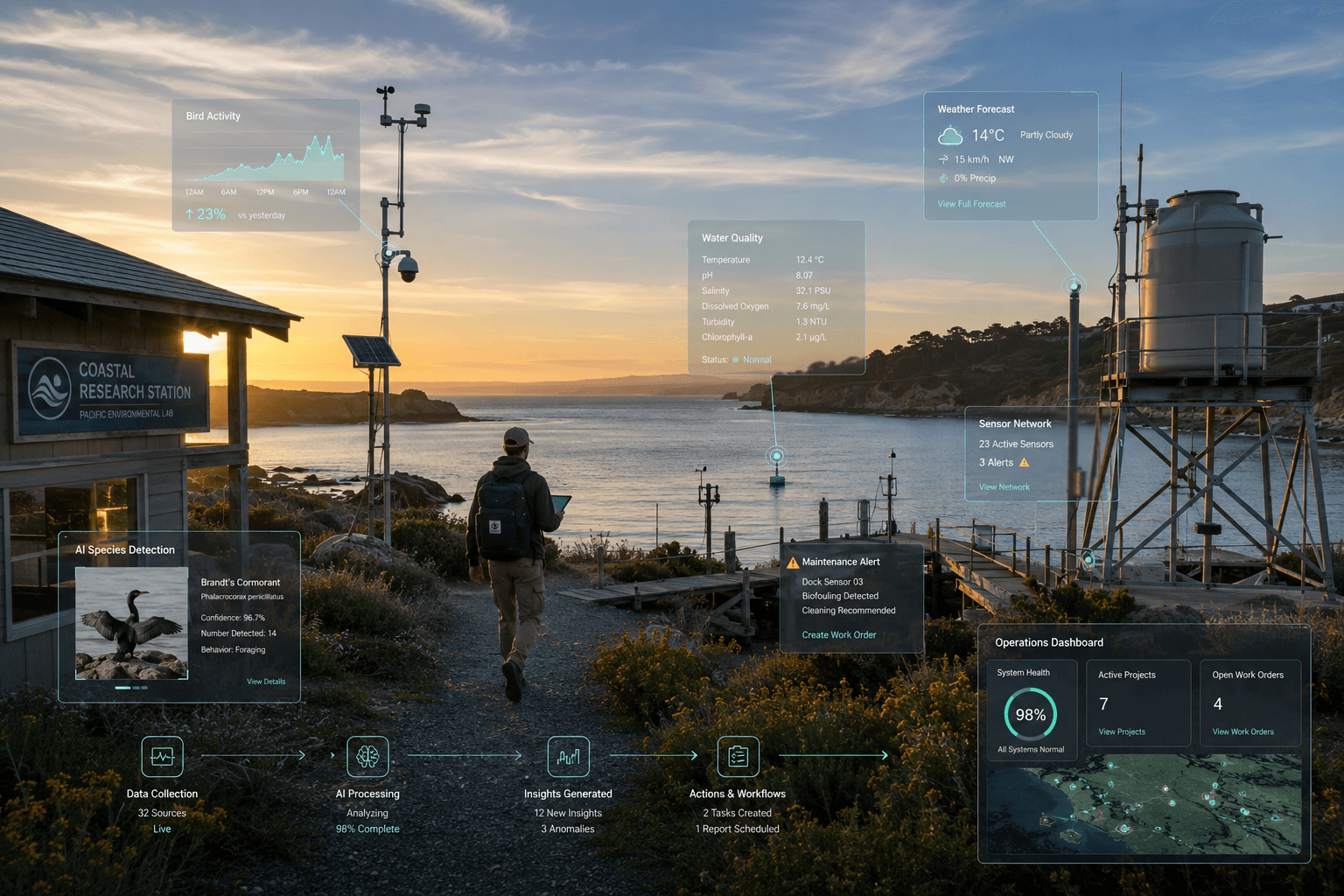 Coastal research station with field sensors, dashboards, and AI workflow overlays at sunset