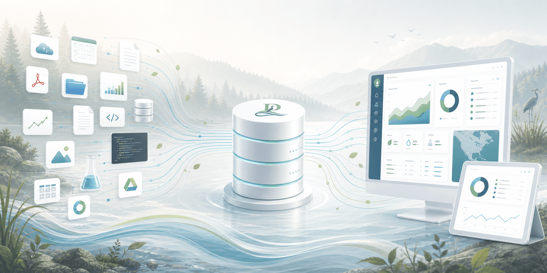 Scattered data sources flowing into a central database and then into a dashboard interface