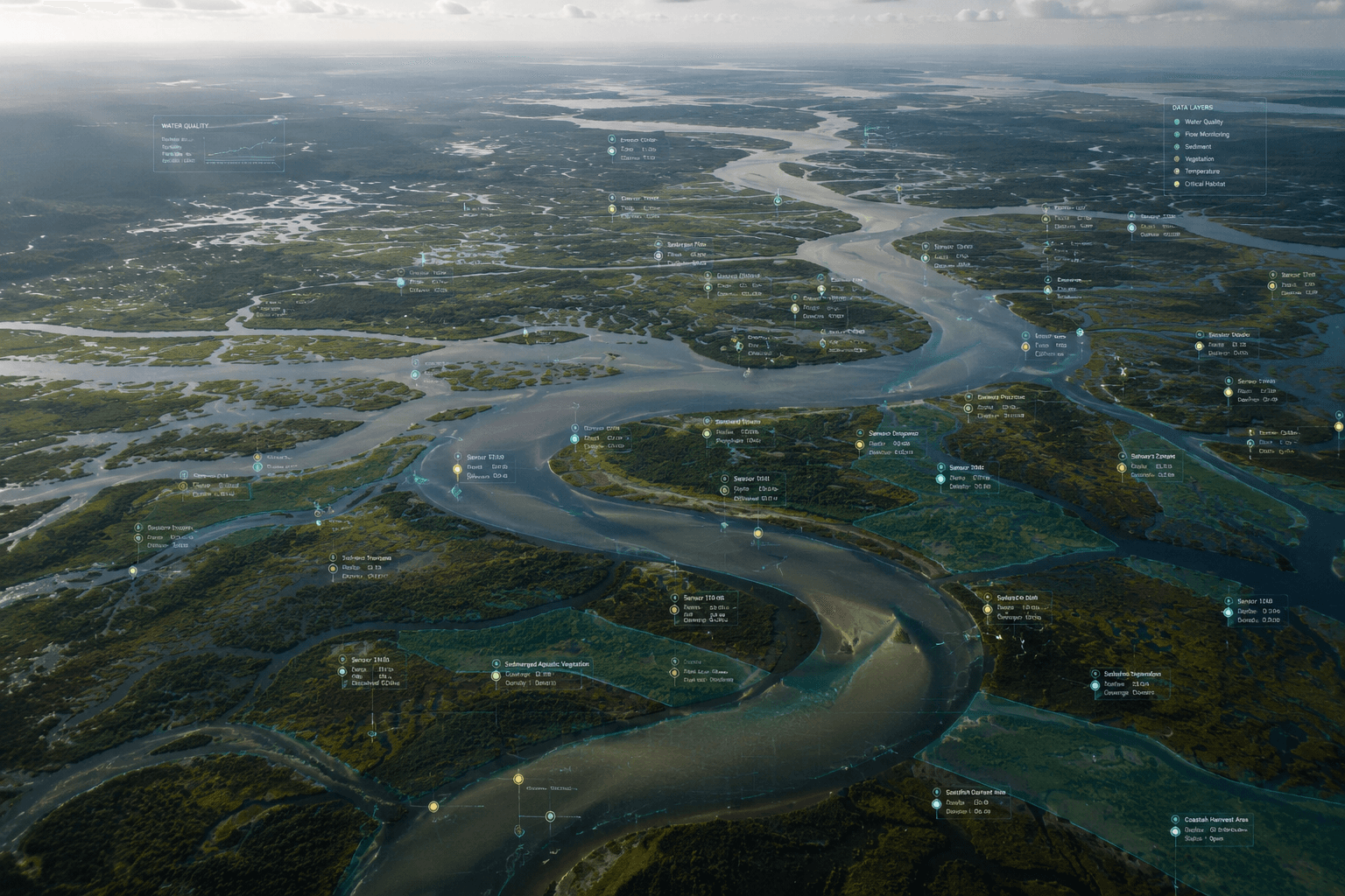 Aerial river delta with mapped data layers and environmental monitoring labels