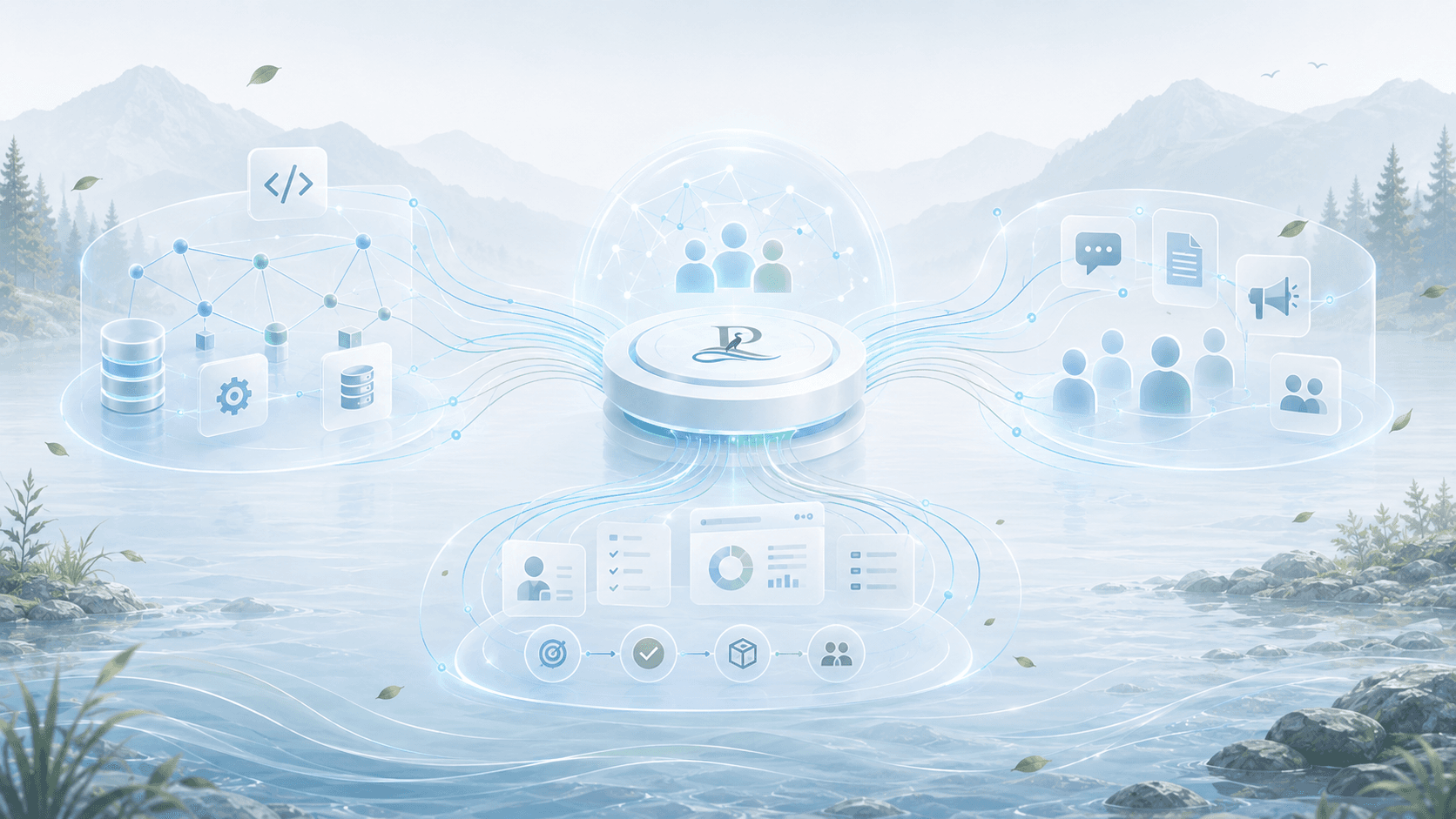 Pacific River system map connecting data, AI, web tools, teams, and delivery workflows across a river landscape