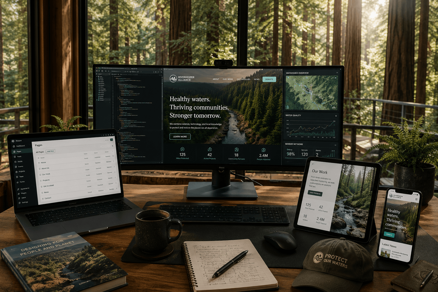 Forest workspace showing a mission-driven website across desktop, tablet, and mobile screens