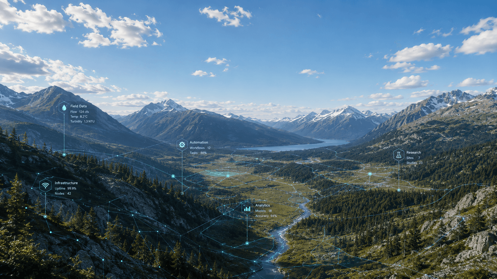 Mountain valley landscape with connected data, infrastructure, automation, research, and analytics overlays